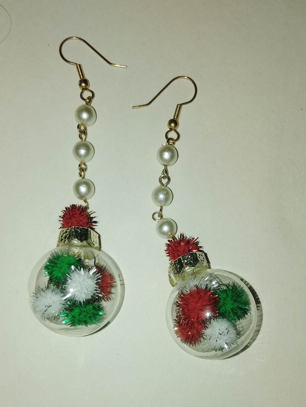 Handmade Pearl Drop Earrings with Red, Green & White Festive Balls Ornaments